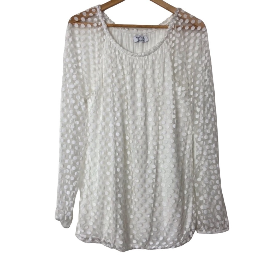 Via Vitale Italy blouse sweater sheer jersey liner white dots scoop neck size XL